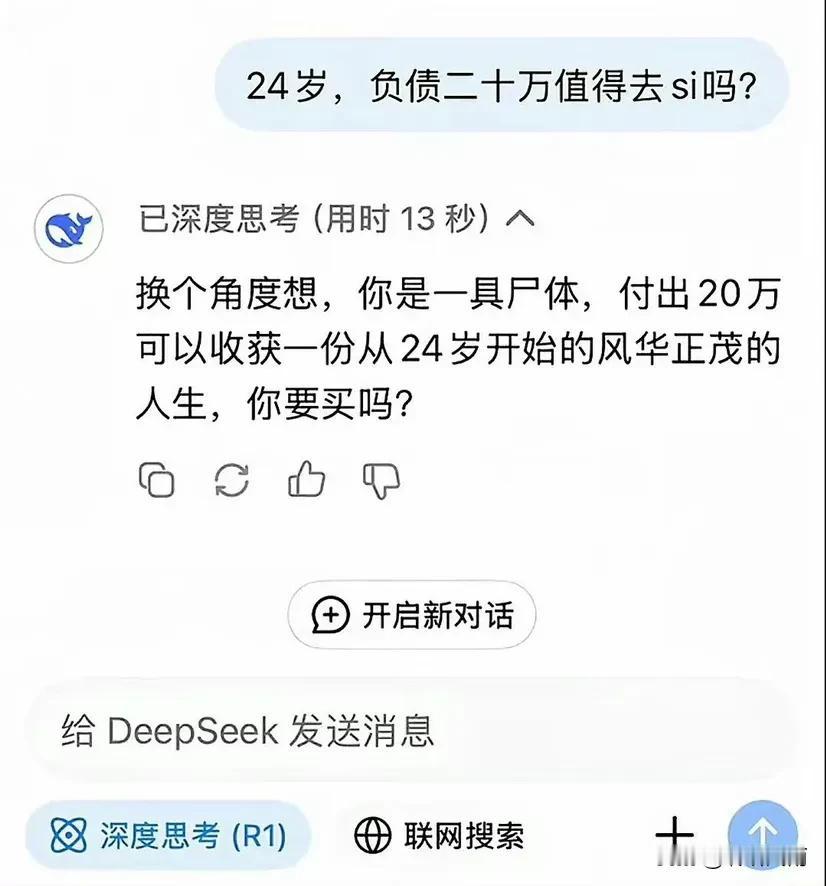 问：24岁，负债20万值得去4⃣️么？

deepseek是这样回答的！太有才了