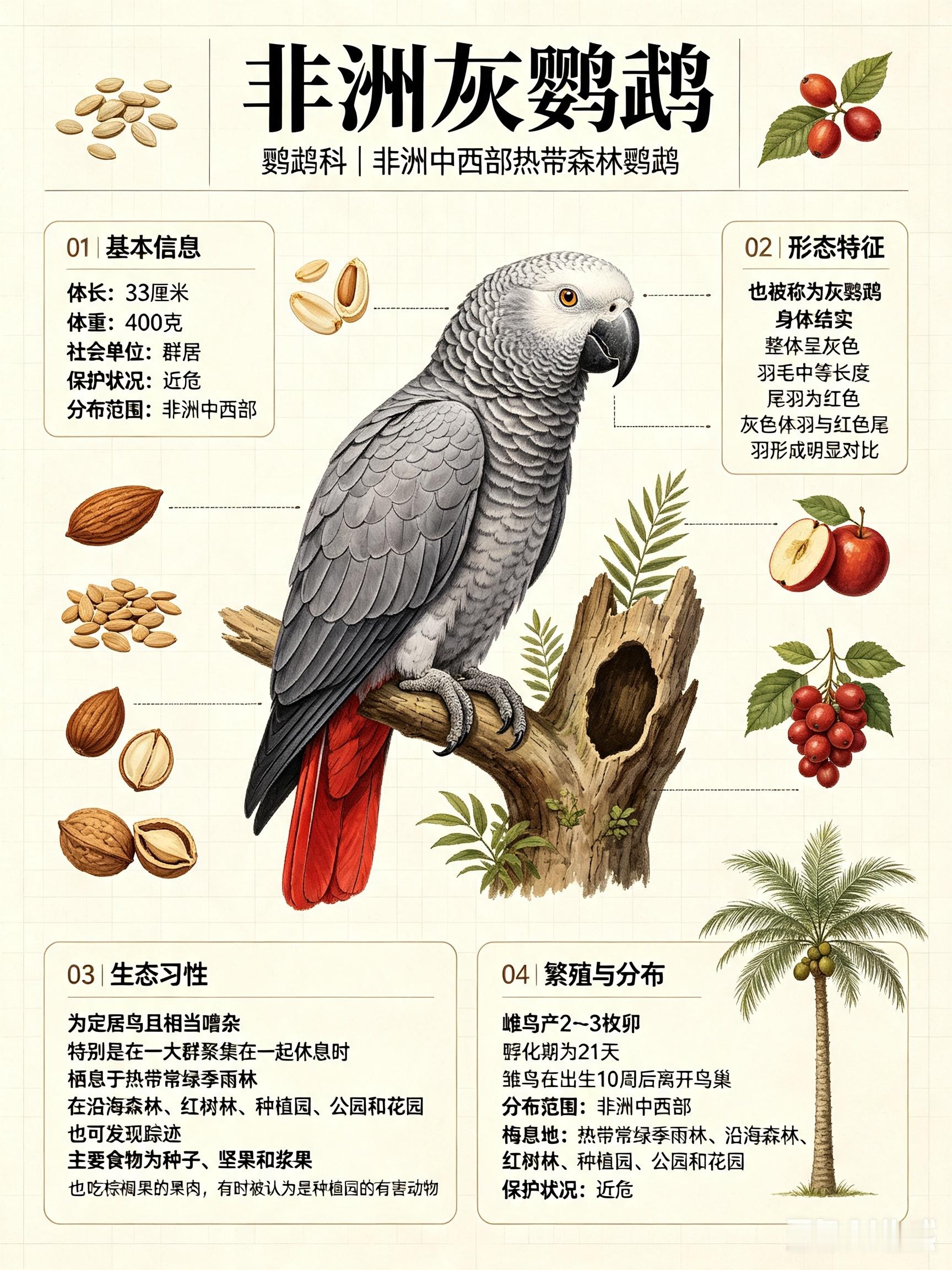 鸟类朋友图鉴 非洲灰鹦鹉体长：33 厘米体重：400 克社会单位：群居保护状况：