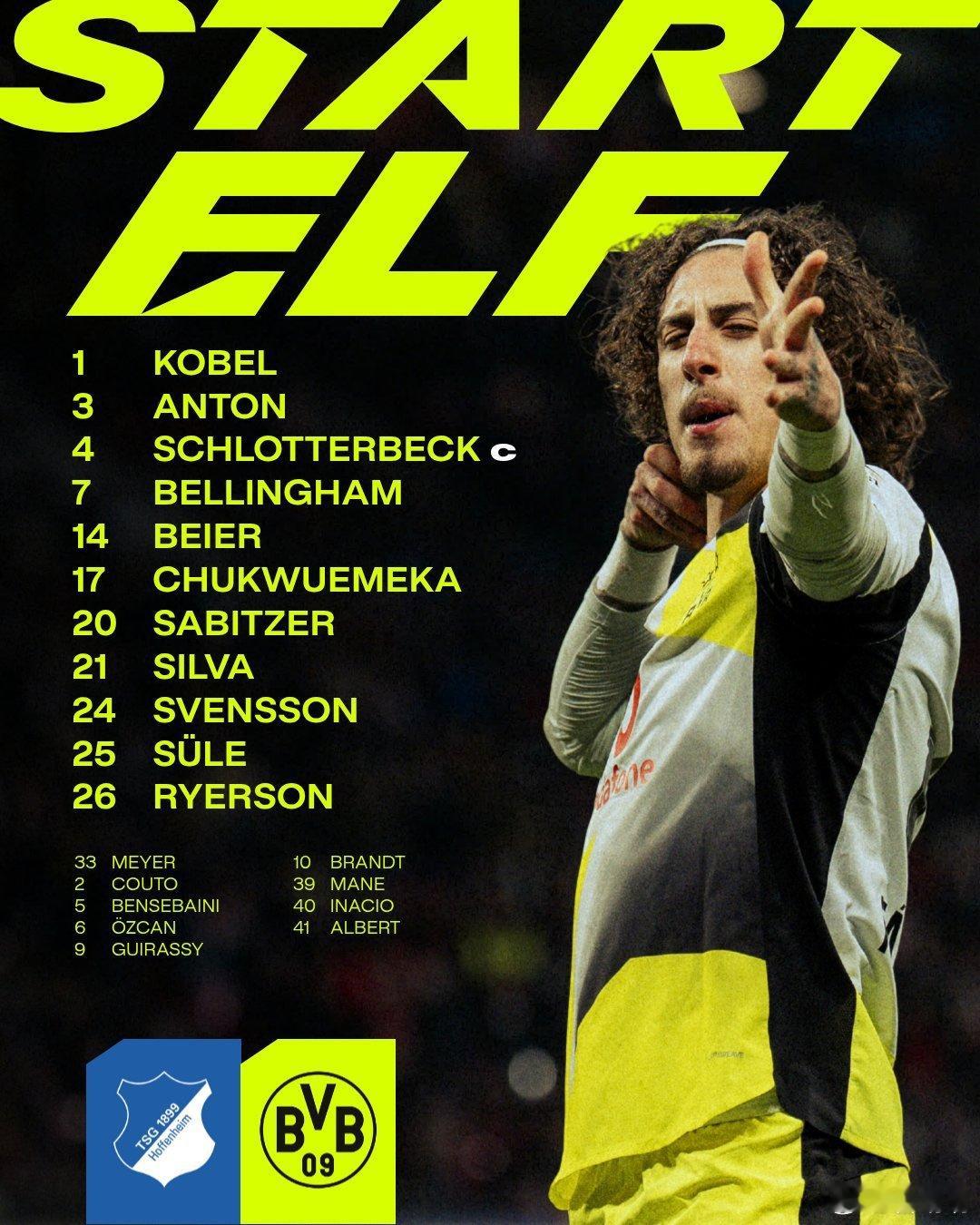 【首发】多特蒙德客战霍村的首发已出。后防聚勒先发，而中锋今天上的席尔瓦。阿德耶米