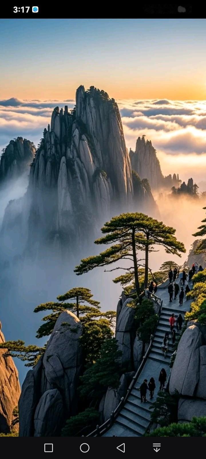 黄山，方知云海翻涌的壮阔，奇峰刺破天际的雄奇。霞光漫过花岗岩峰林，迎客松在石阶旁