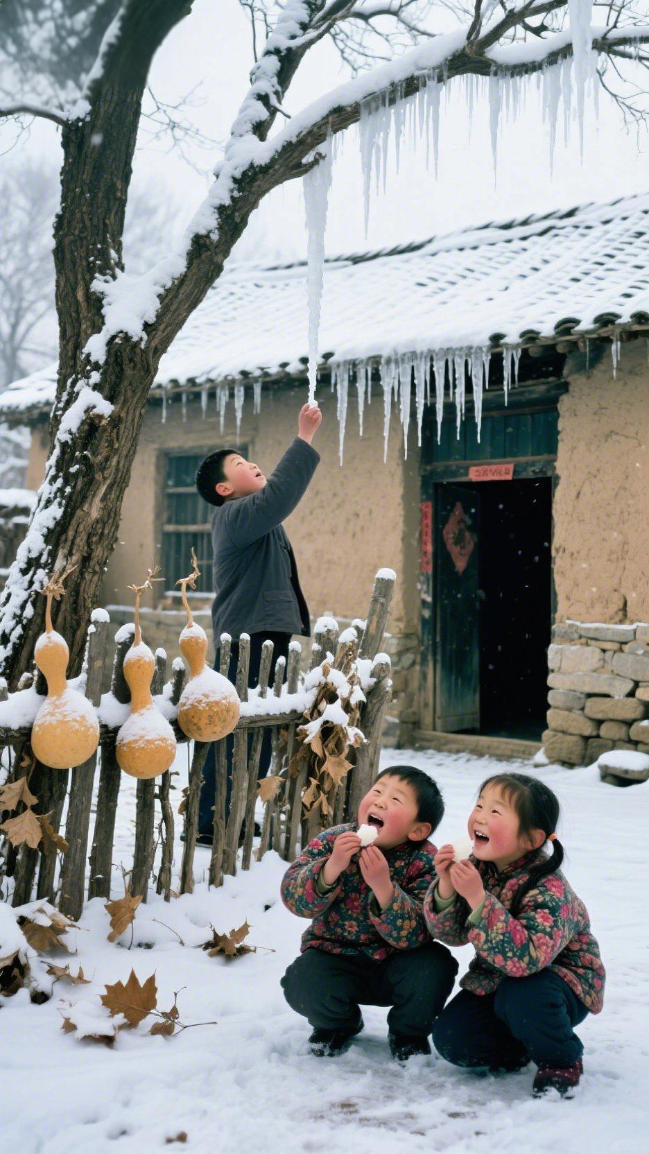 雪天里的冰棱暖
 
老院的雪裹满枝桠，冰棱垂成透亮的帘，穿灰衣的男孩踮脚轻够，指