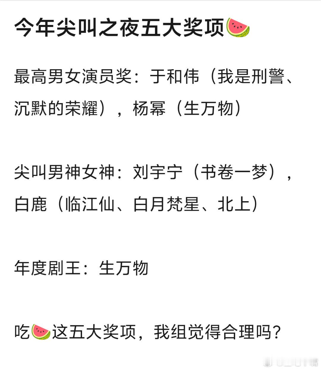 2025爱奇艺尖叫之夜吃瓜🍉不信🍉！今年尖叫之夜五大奖项，大家觉得合理吗？最