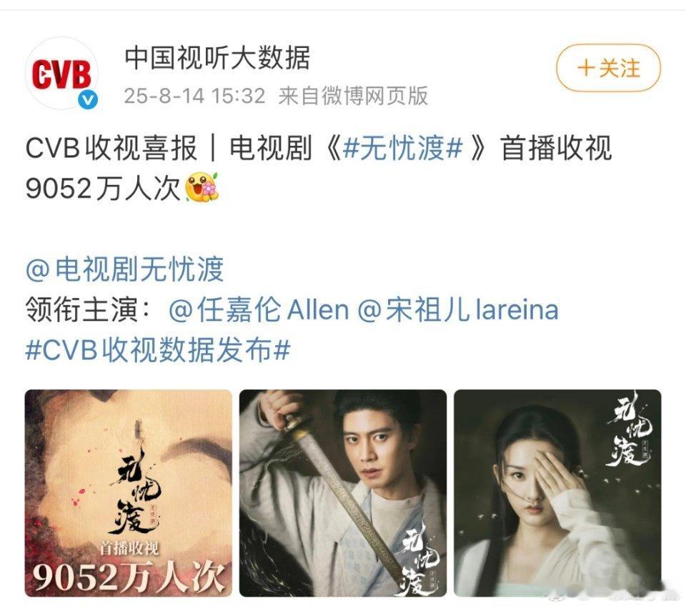 无忧渡 CVB收视喜报：首播收视9052万人次！暂列2025年浙江卫视收视人次第