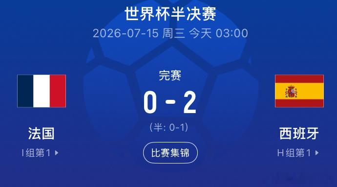 7月15日讯 北京时间3点，世界杯半决赛法国vs西班牙，比赛在AT&T体育场打响
