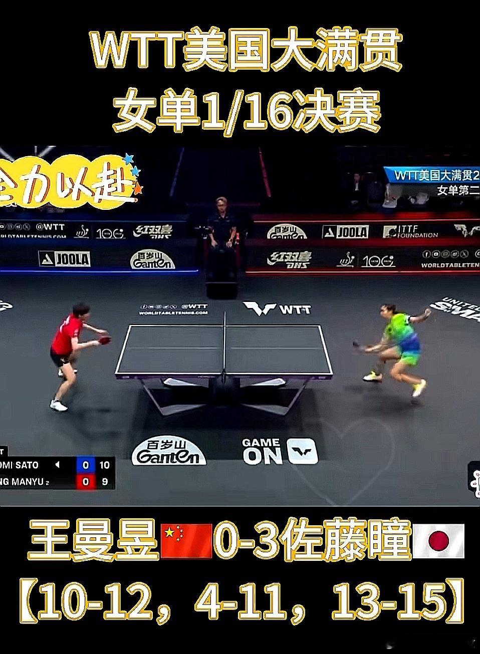 2026美国大满贯女单1/16决赛，中国大陆王曼昱0-3被日本佐藤瞳横扫【10-