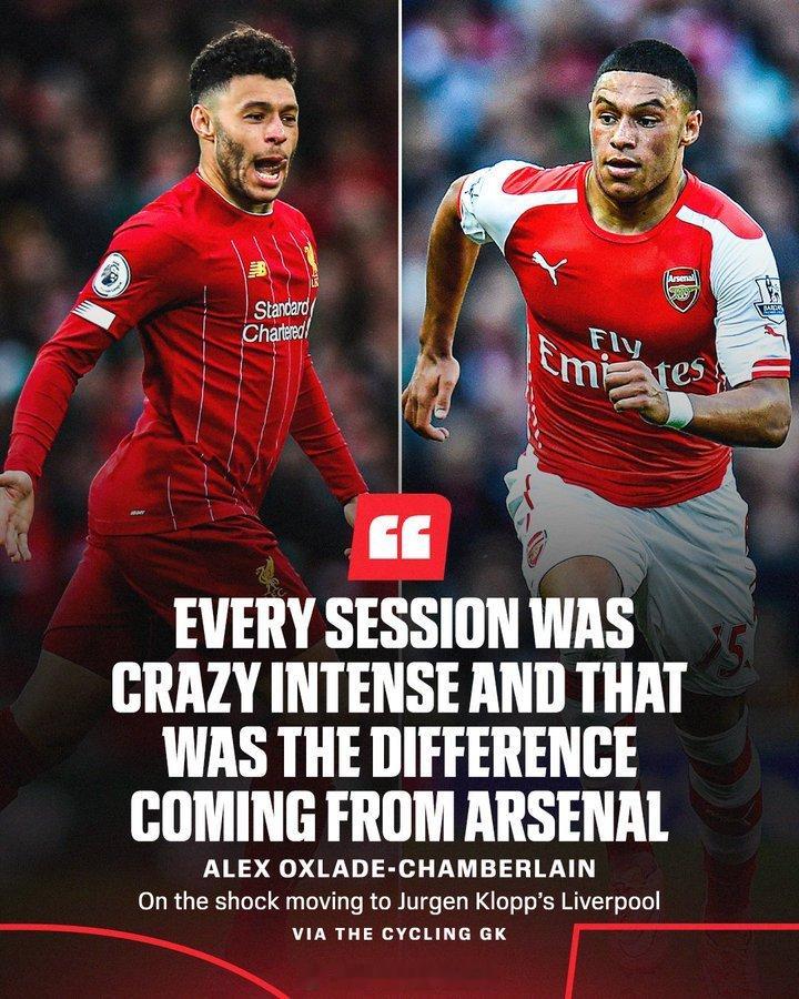 张伯伦谈到了阿森纳和利物浦在训练方面的差异， 在利物浦的每一场比赛都异常激烈，这