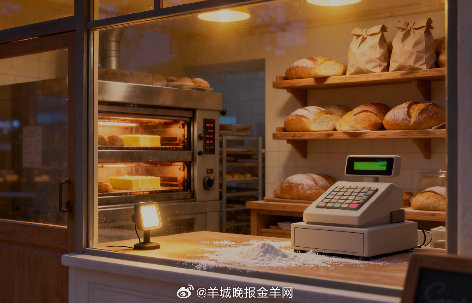  暖黄灯光透过玻璃橱窗，烤箱余温带着黄油香，木架上的面包袋轻轻晃动，收银台的小灯