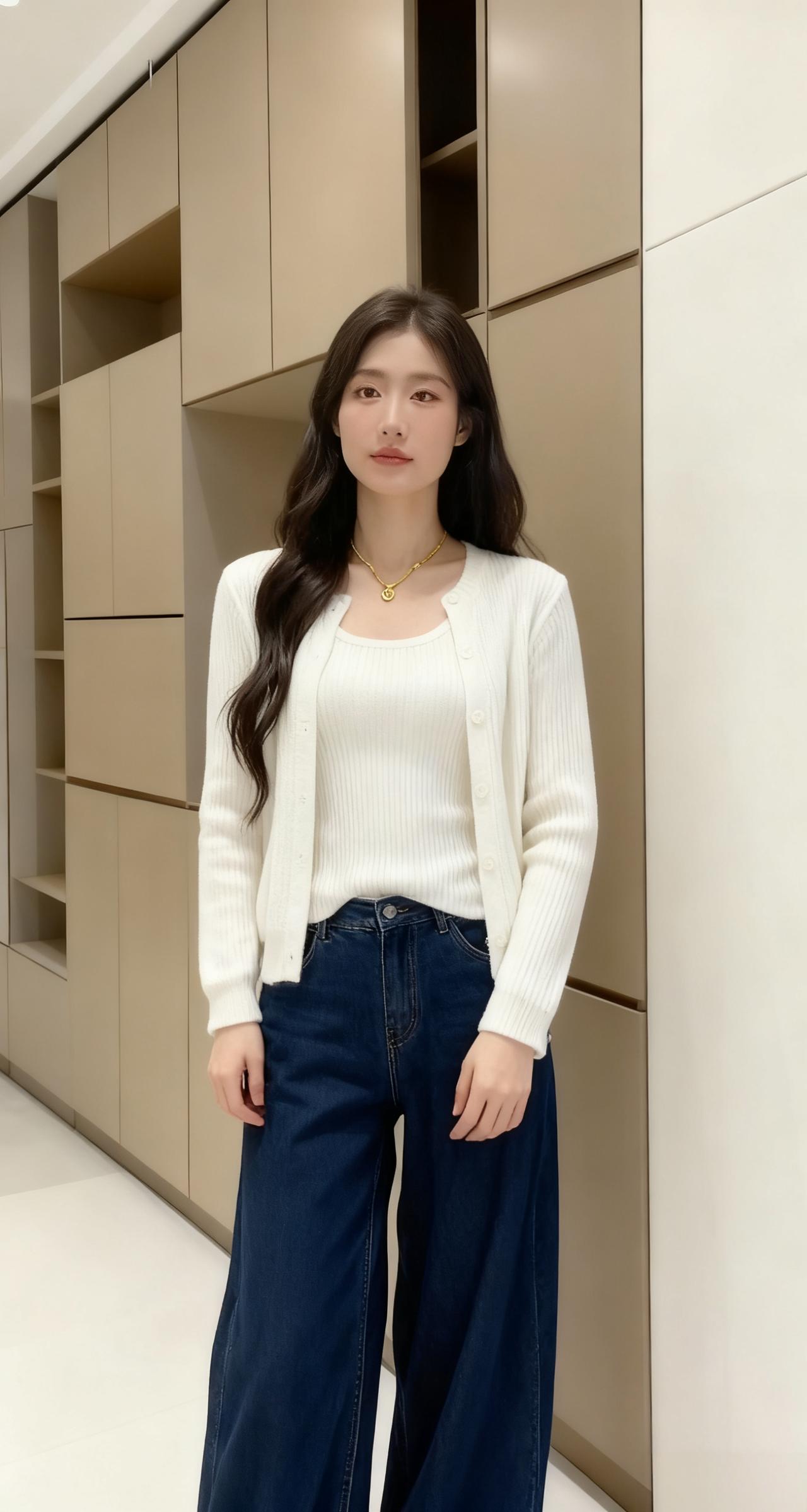 白色的针织开衫，搭配同色系的修身内搭，简约的穿搭添了点精致细节。
​搭配了一条深