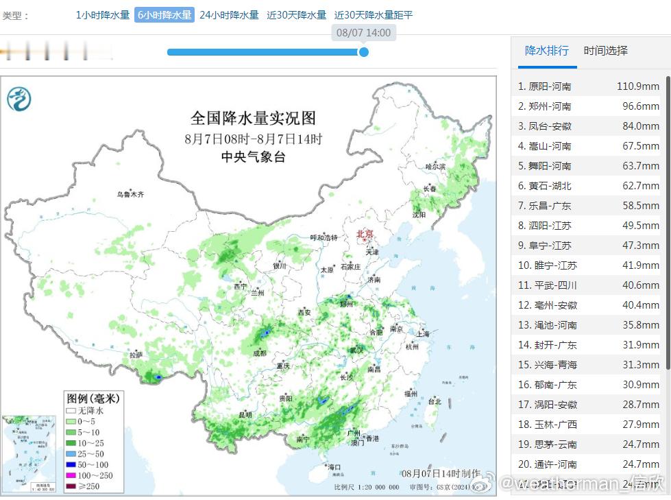 【强降雨和强对流】今天08-14时，降雨分布相对零散，但单点对流降雨强度较大。河