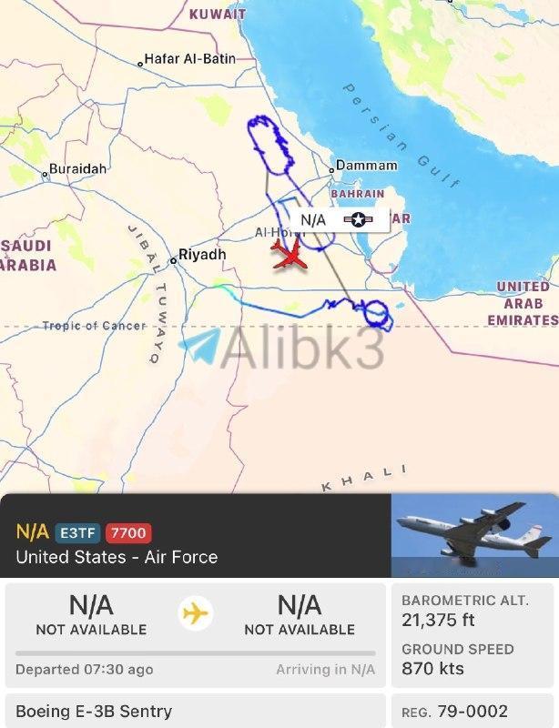 美国空军一架E-3预警机今天在沙特东部上空飞行数小时之后挂出7700紧急代码。自