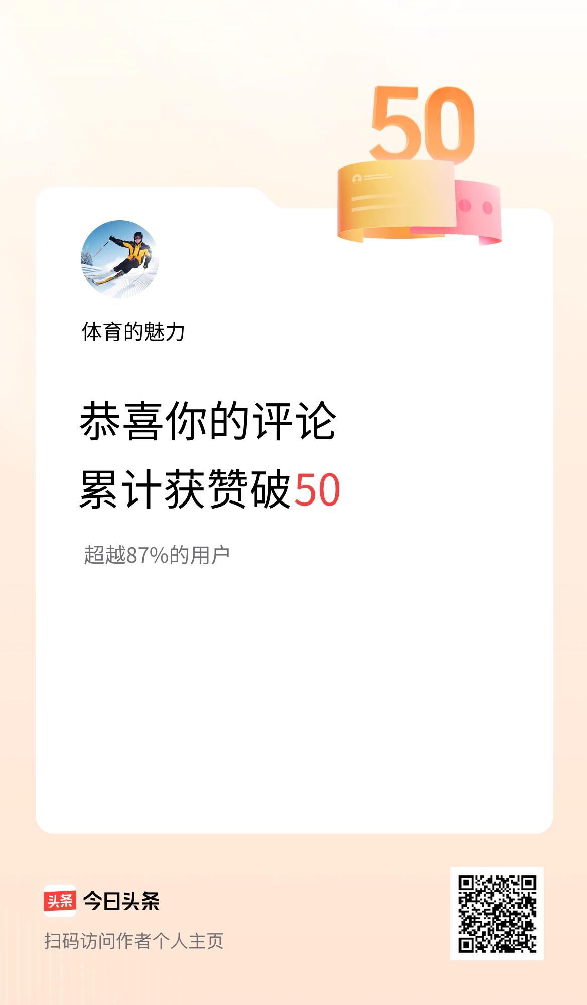 我在头条的评论累计被点赞50次啦！
