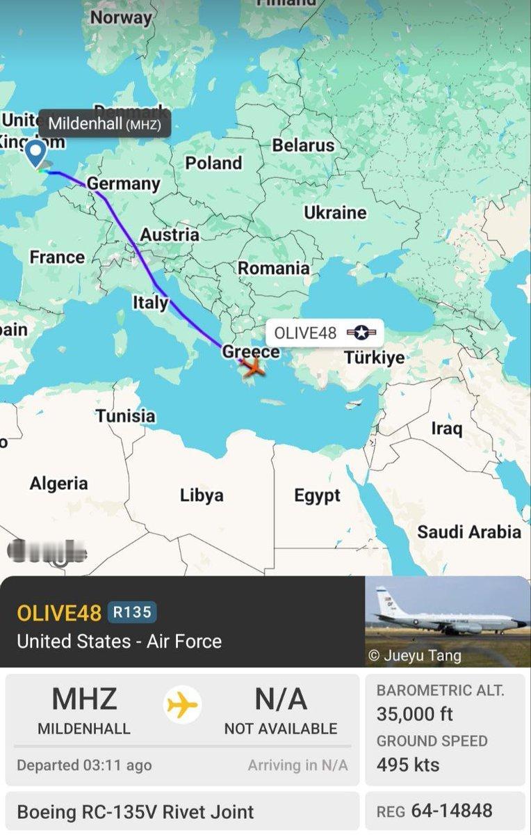 ❗去年参与打击伊朗核设施的RC-135V“联合铆钉”电子信号情报机，目前再度调往