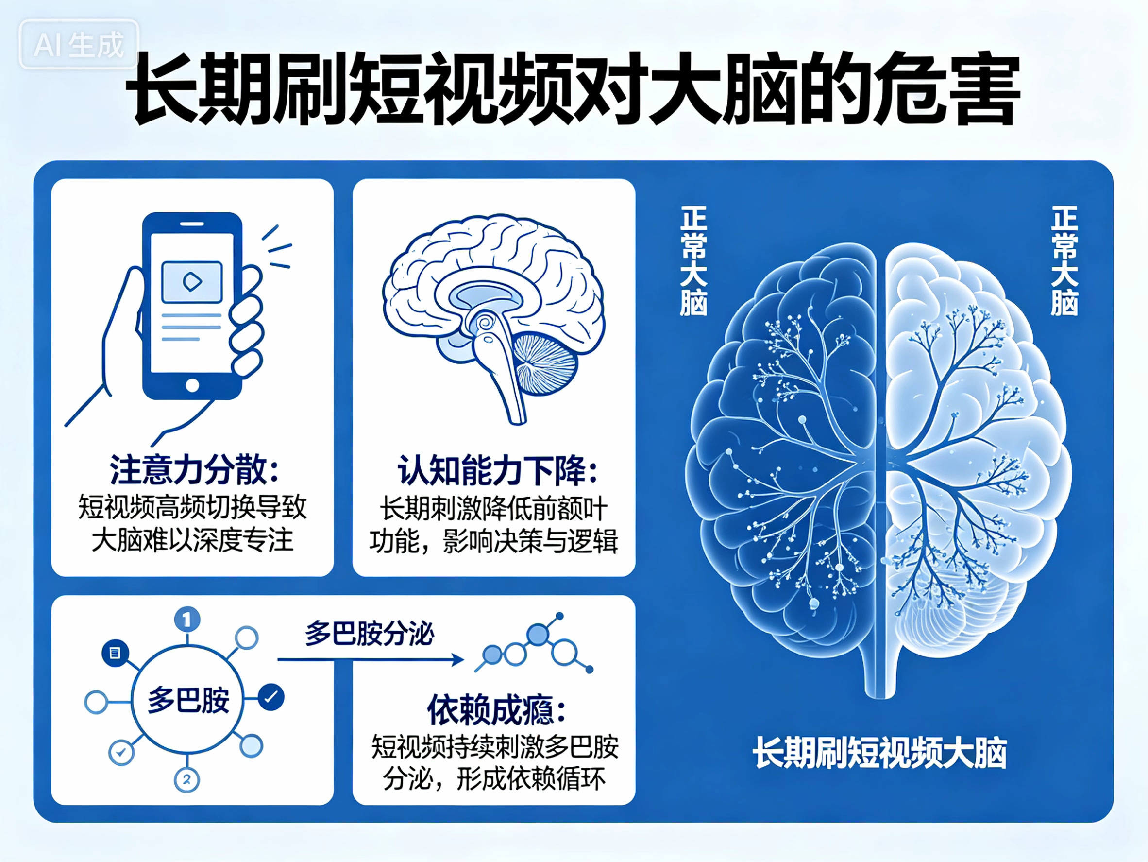长时间刷短视频大脑的变化 长期刷短视频，大脑被高频即时多巴胺刺激，习惯短平快快感