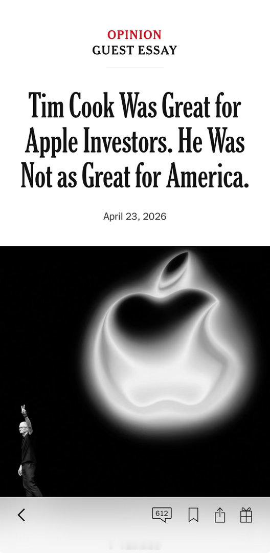 《纽约时报》评论猛批库克：他对苹果投资者来说很伟大，对美国却并非如此蒂姆·库克即