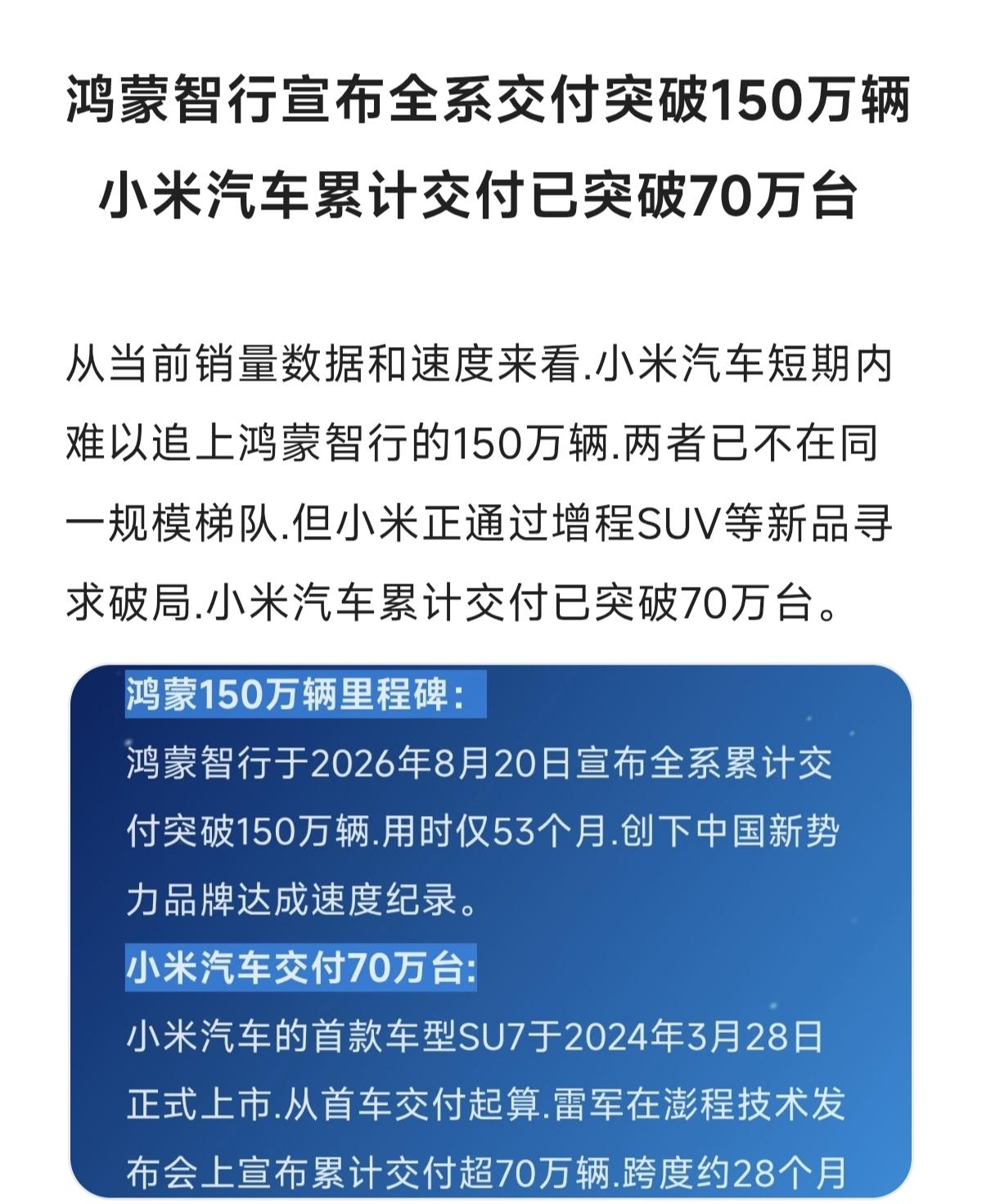 鸿蒙智行宣布全系交付突破150万辆
  小米汽车累计交付已突破70万台
