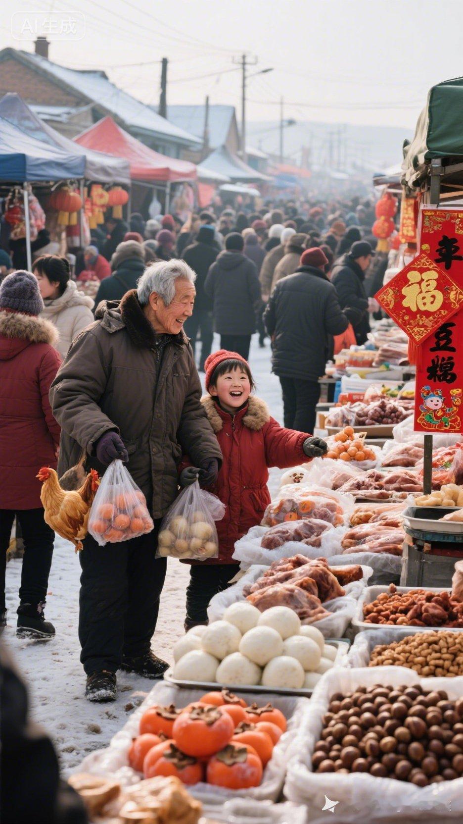 冬日市集，暖意融融，笑语欢声，年味渐浓。🌨️🍎🐔