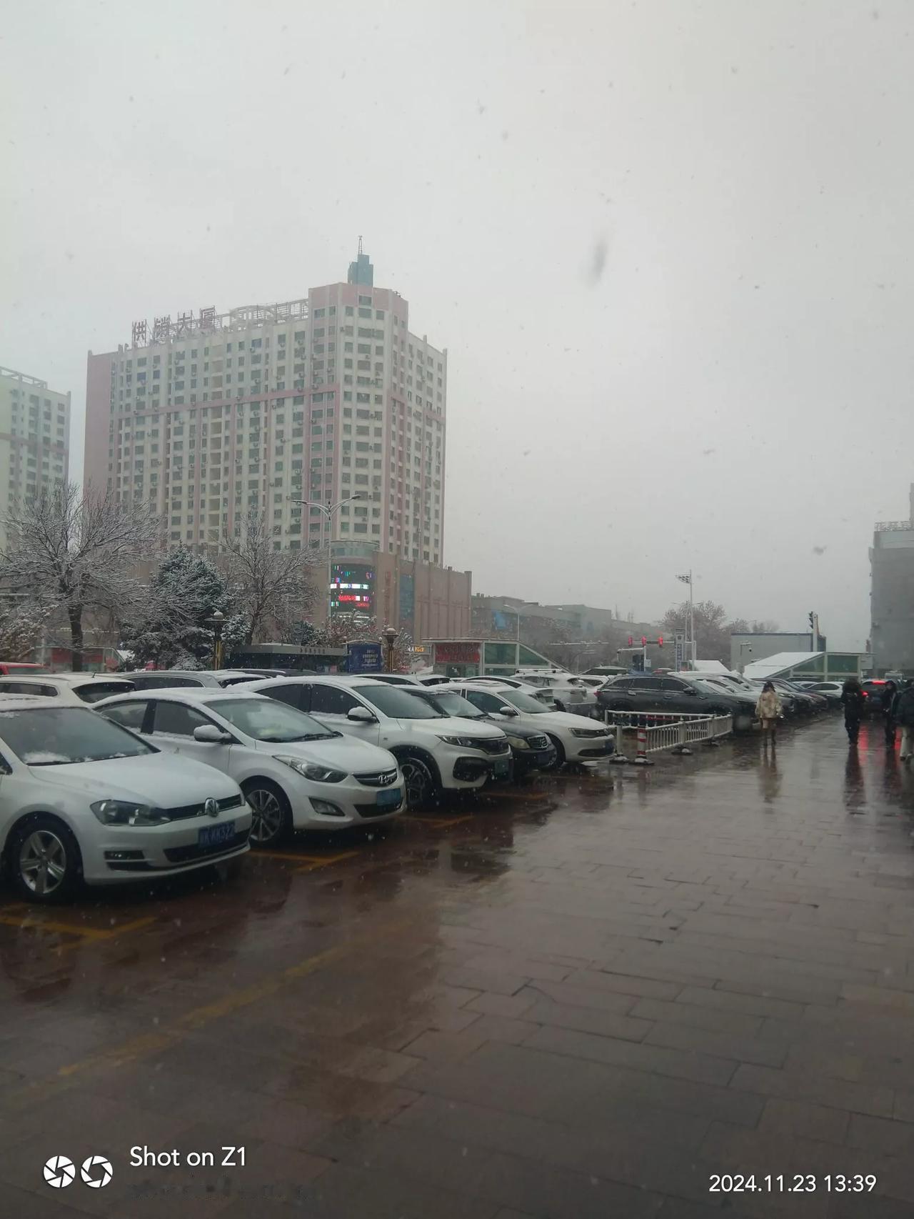 雪花飞舞映车影，寒意袭人夜未央。