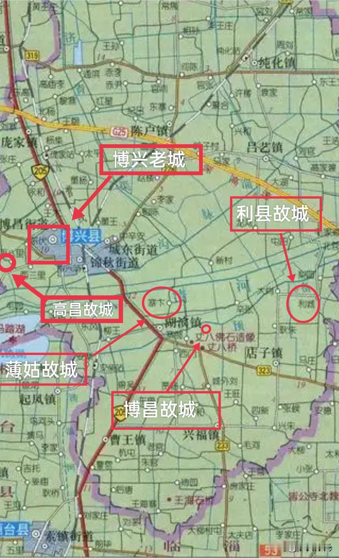 这是博兴县地图，各个故城遗址我也标注位置了，如果你认为我标注的各个故城遗址不对，