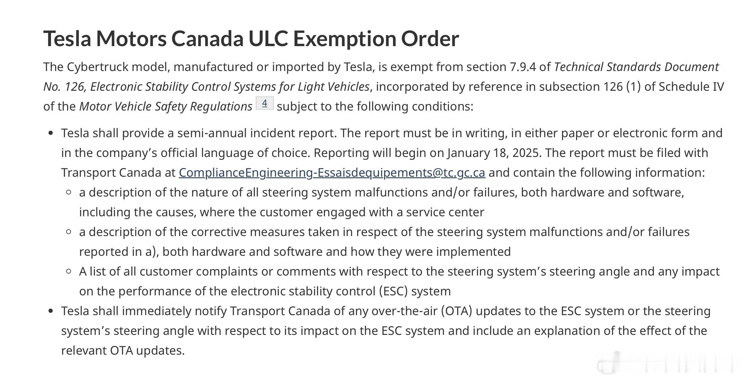 对于 Cybertruck 的线控转向系统，加拿大的做法是给特斯拉 ULC 豁免