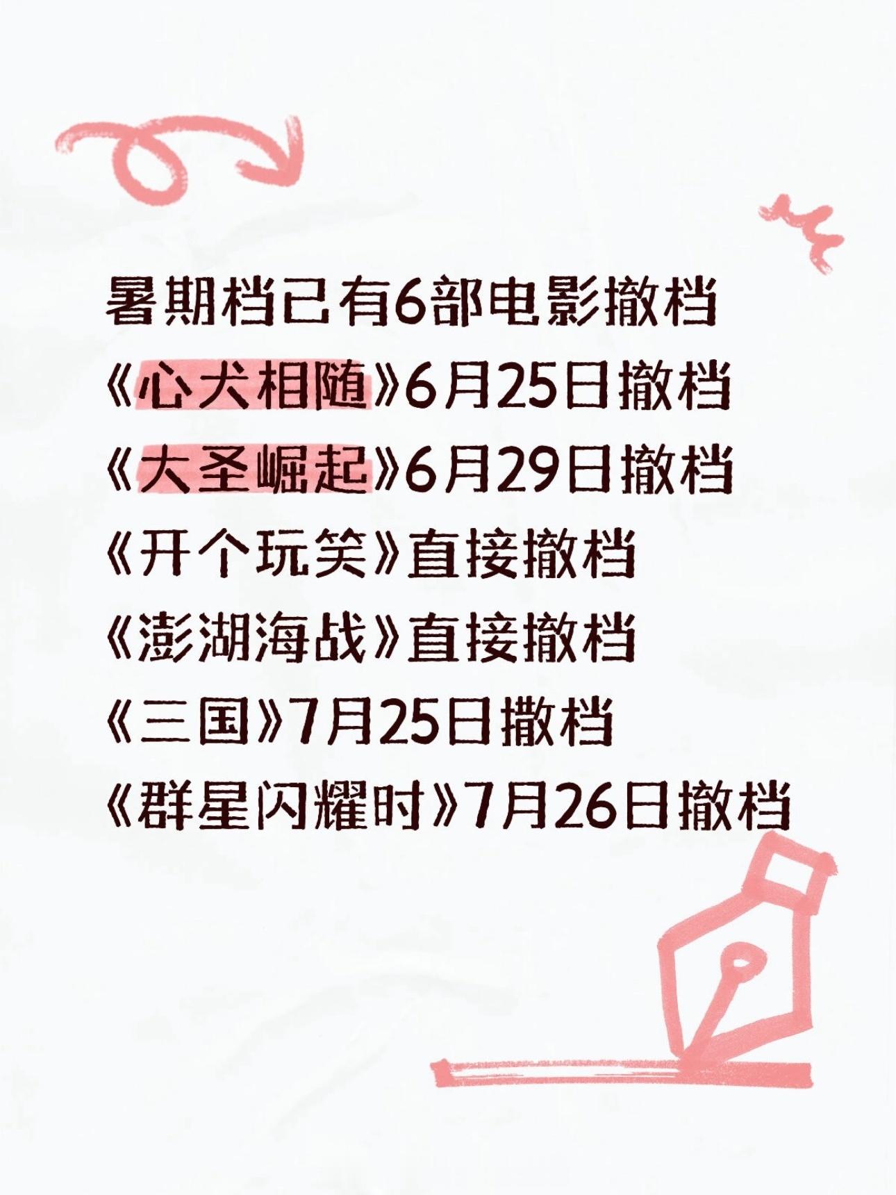 多部电影撤出暑期档 随着《群星闪耀时》于昨日深夜宣布撤档，今年暑期档已有六部电影