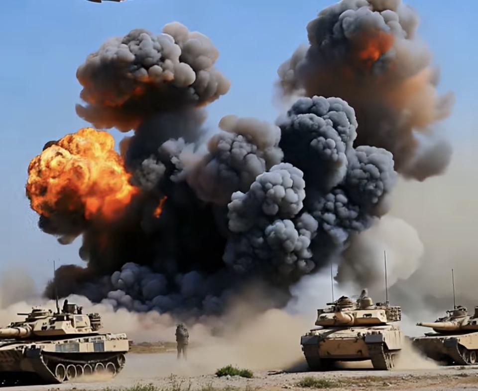 硝烟滚滚，烈焰腾空。钢铁洪流在沙尘中推进，身后的爆炸是战场的嘶吼，也是铁与火的宣