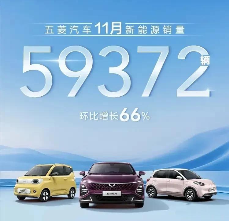 2023年11月份，五菱新能源车型销量59372辆，环比增长66%。

其中，五