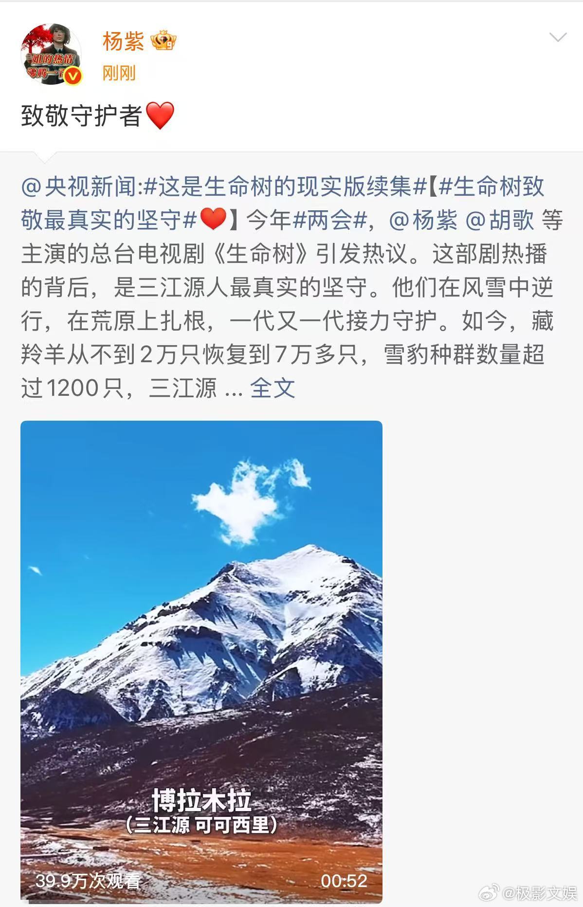 杨紫致敬守护者杨紫转发致敬守护者杨紫致敬守护者，致敬最真实的坚守，哇喔哇喔 