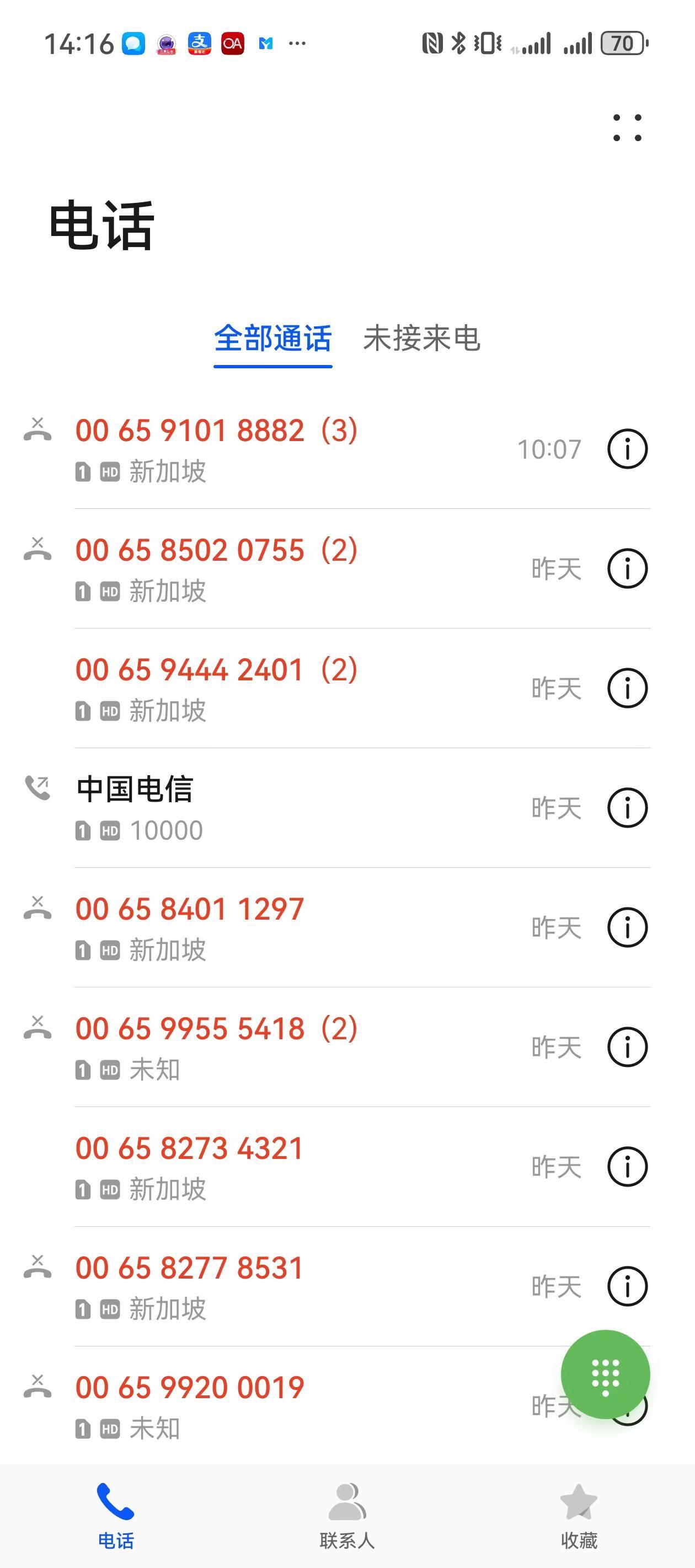 每天都有这种新加坡电话，最离谱的是一天十几个电话，有些还晚上十一点打来，这些人不