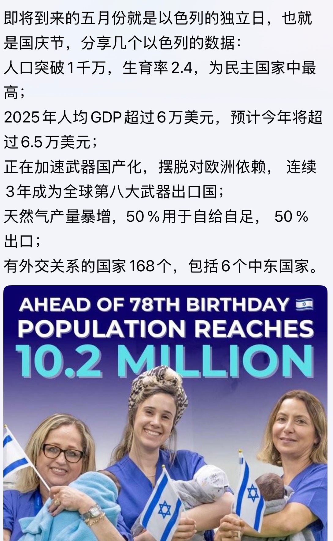 即将到来的五月份就是以色列的独立日，也就是国庆节，分享几个以色列的数据。。。中东