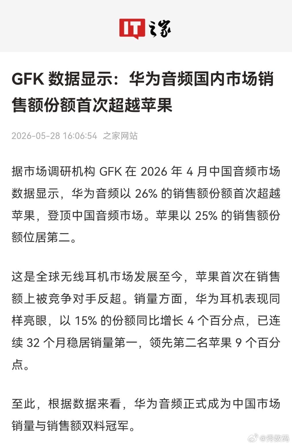 华为太猛了，音频以26%的销售额份额首次超越苹果，登顶中国音频市场，苹果以25%