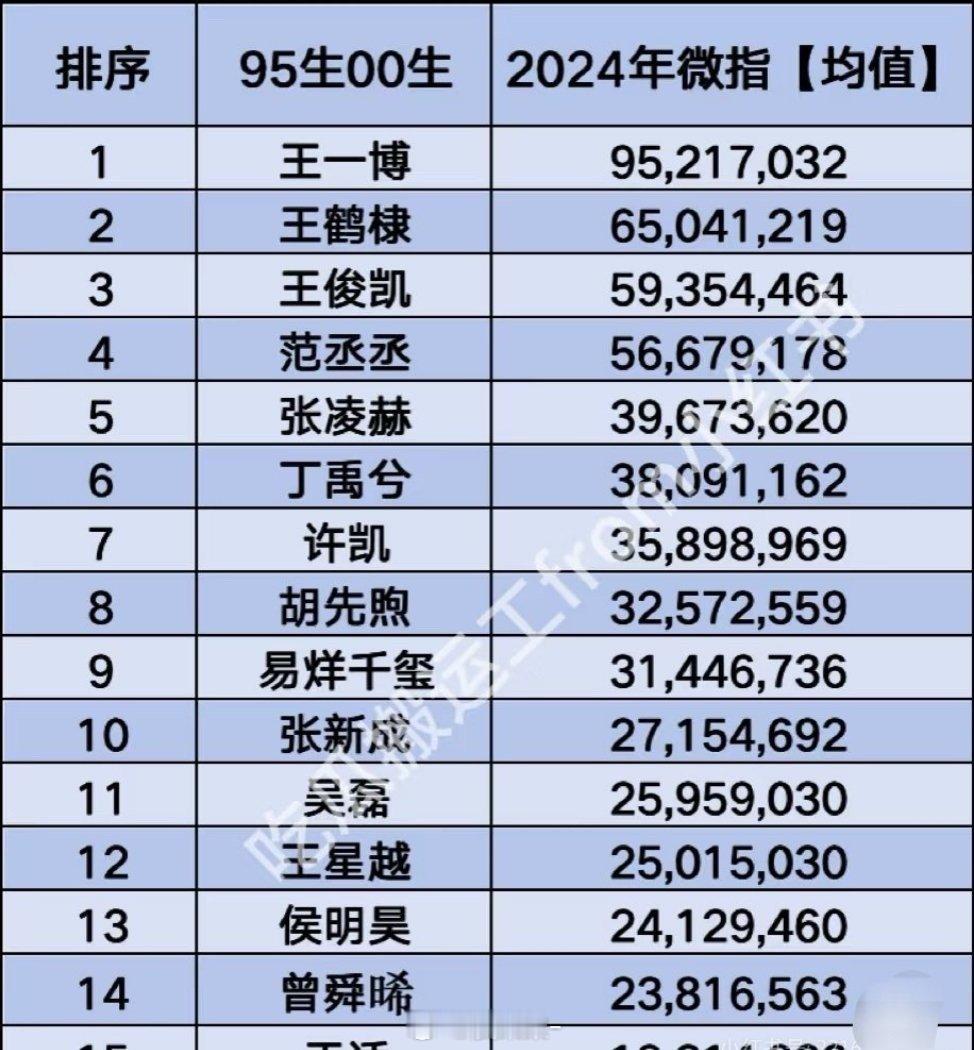 95生00生 2024年微指均值前三十 