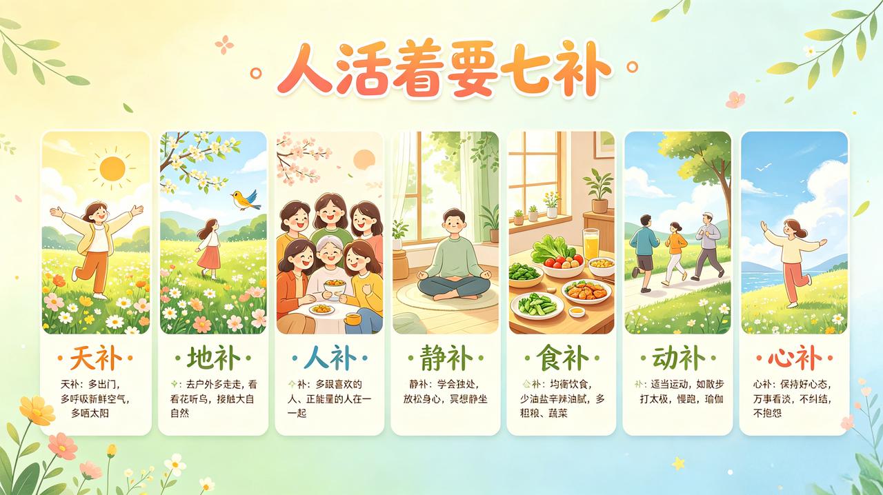 想长寿要7补！

①天补！
常出门透气，多晒太阳、呼吸新鲜空气！

②地补！
多