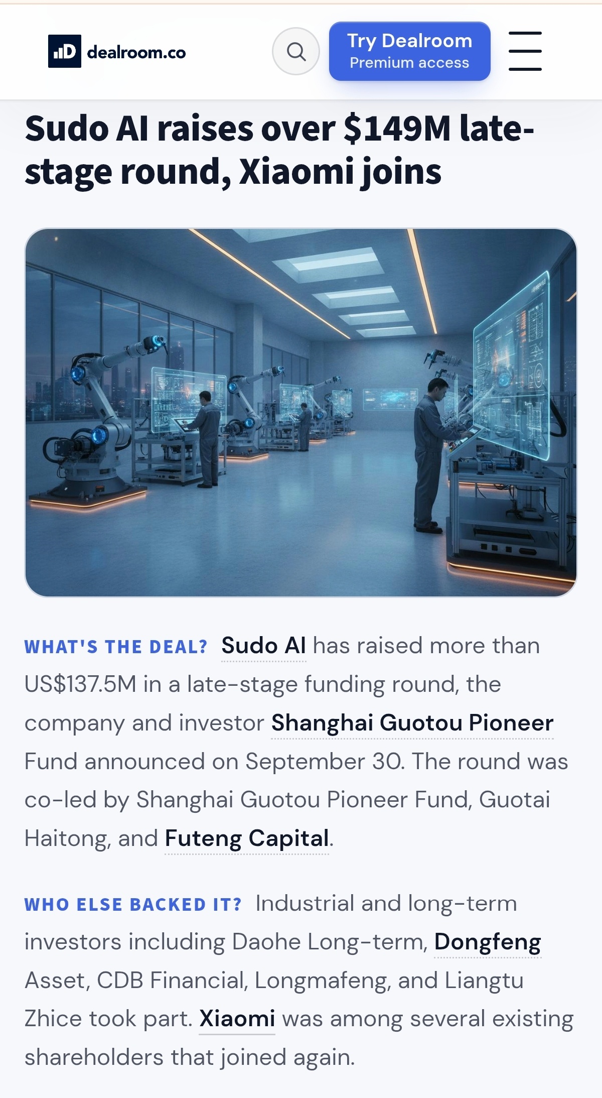 据投资数据平台Dealroom报道，具身智能公司苏度科技（Sudo AI）9月3