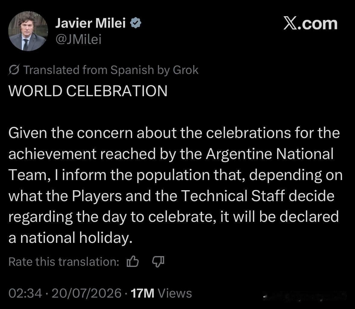🇦🇷 米莱伊对阿根廷队夺冠信心满满，甚至提前在社交媒体上发布了祝贺信息。结果