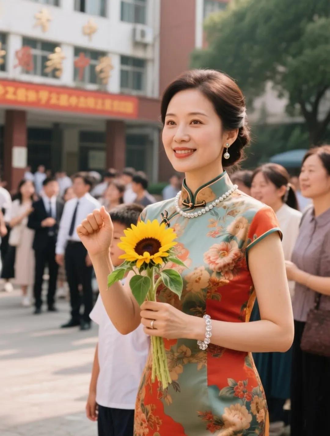 旗袍映日，守望成光
 
高考场外，妈妈身着旗袍的身影摇曳生姿，手捧向日葵笑若骄阳