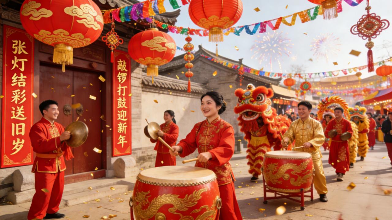 上句：张灯结彩送旧岁，盼请下联上联：张灯结彩送旧岁，下联.：敲锣打鼓迎新年。