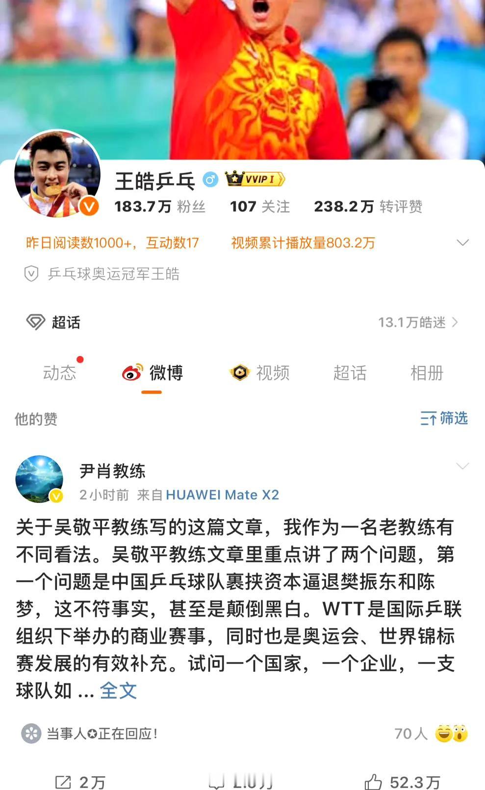 马琳王皓真挺幽默的～吴敬平轰的是境外组织WTT，尹肖（霄？）回应中国乒协没问题～