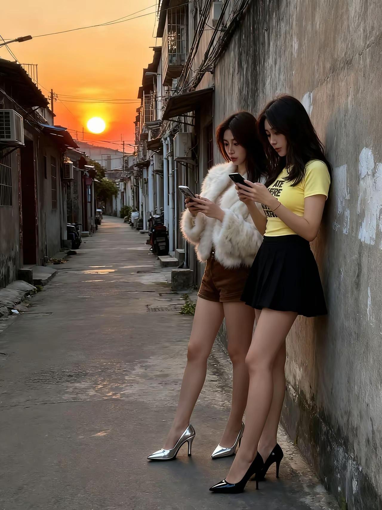 夕阳无限好，只是近黄昏。
天快黑了，小姐姐们该回家了。