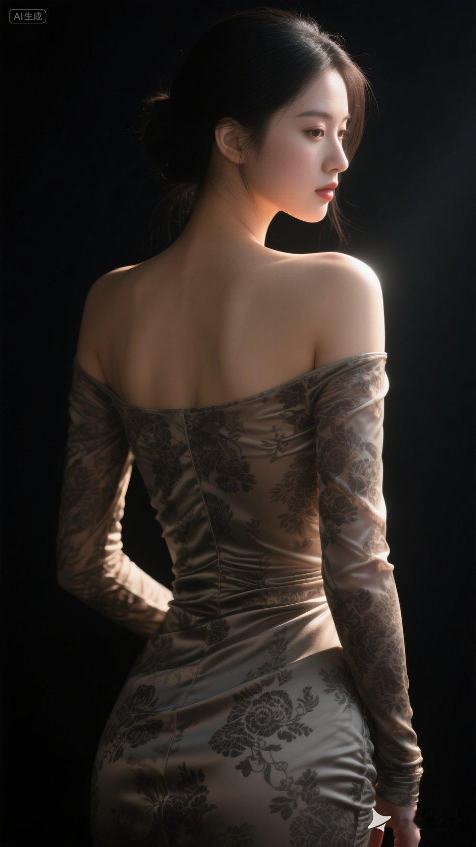 《光影雕刻背影，露肩裙装演绎艺术美感》露肩的裙装，把肩颈曲线裁成月光的形状，花纹