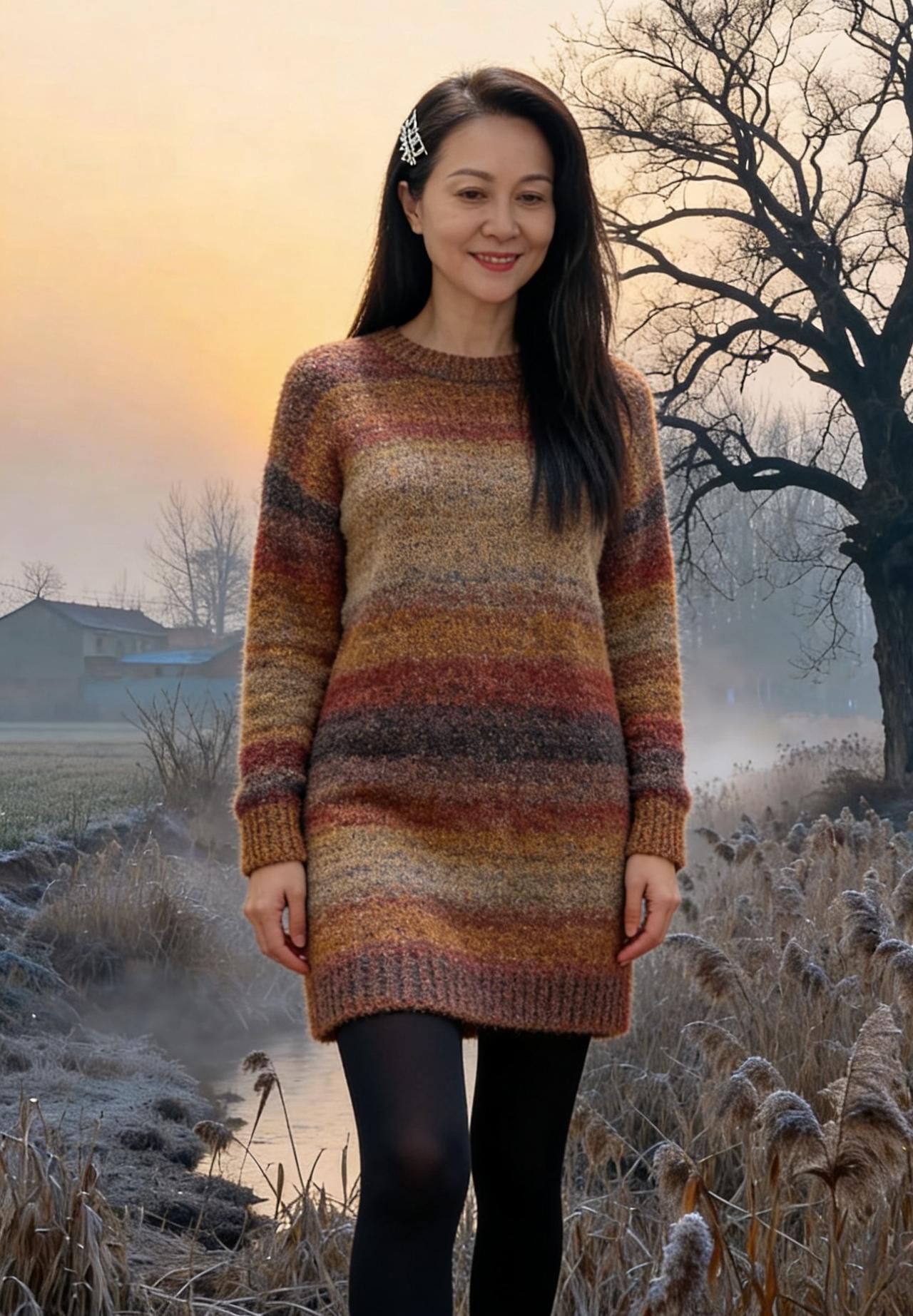 雾锁平芜晓色微，伊人独立对斜晖。
毛衣织就三秋色，笑靥融开一片扉。
发间银饰星初