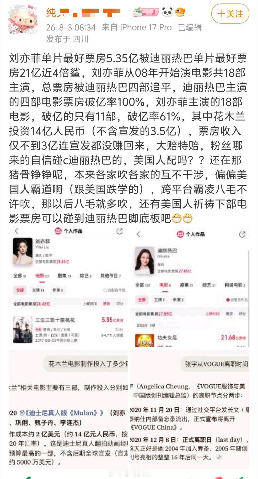 迪丽热巴大粉发文，感觉是句句有理啊，直接甩票房说话。🧚♀️这边应该没招了，话说