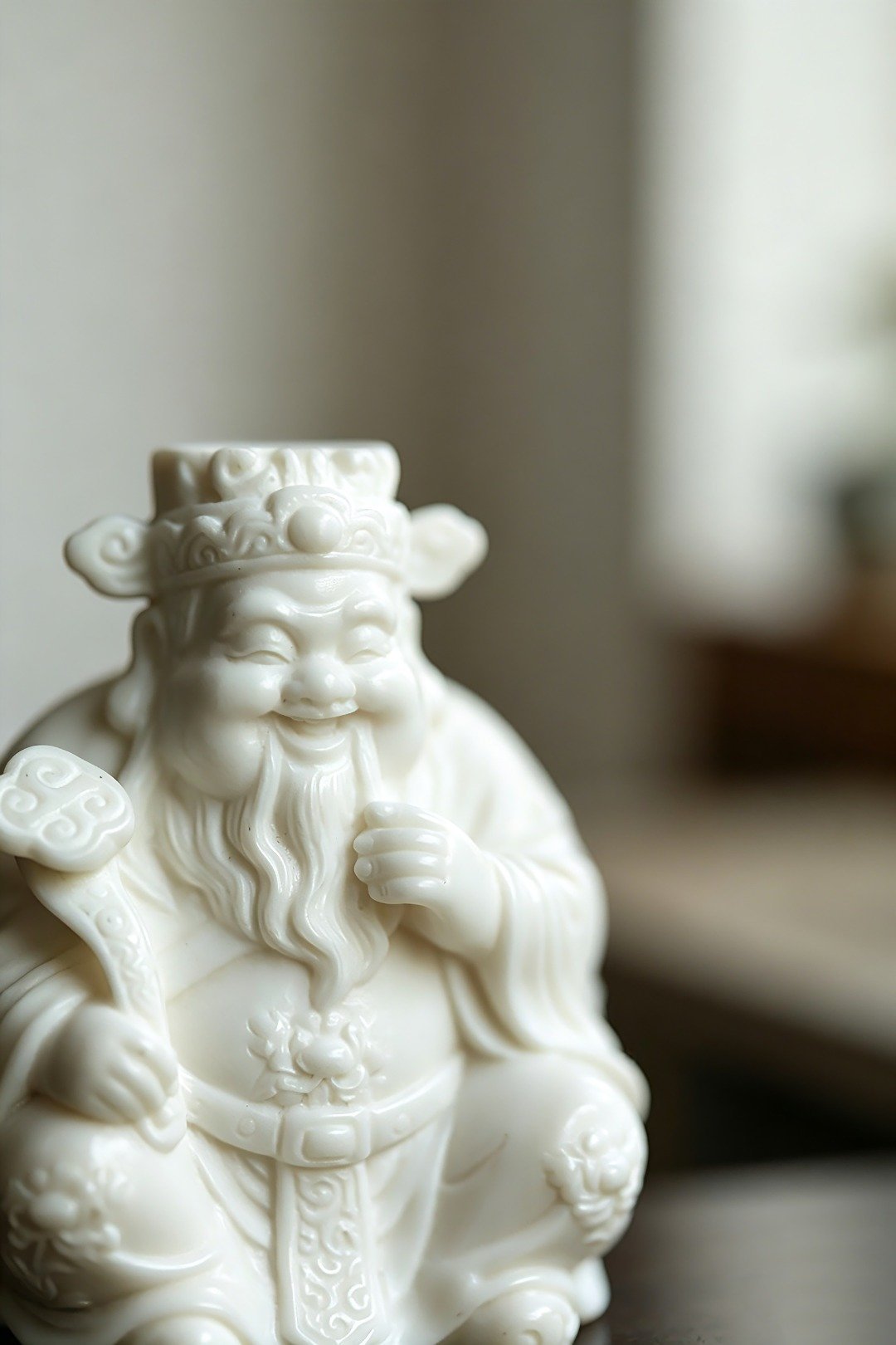 鹿角 | 如意·财神爷择料凝润，刀法娴熟圆融，开脸诙谐生动，财神喜笑颜开，手持如