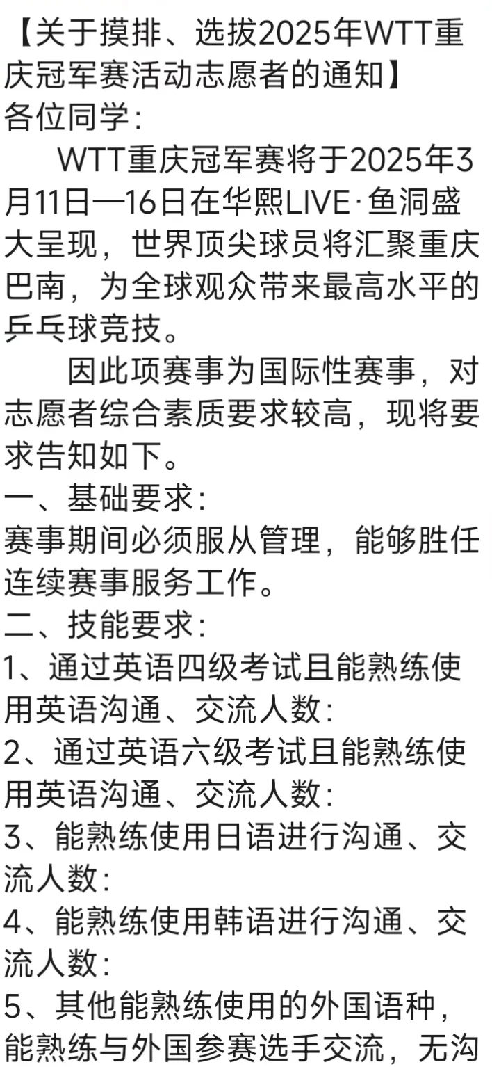 WTT重庆冠军赛招大学生志愿者啦！