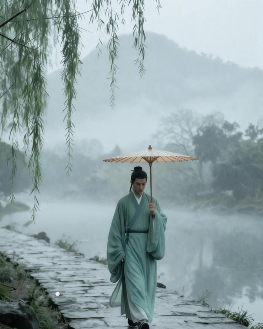 雾气在湖面写意，
晕染了远山的轮廓。
你身着青衫，
是这水墨画中唯一的浓墨。
