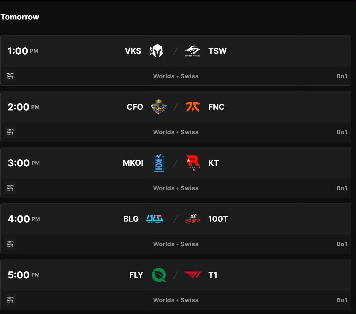 瑞士轮首日对决：
1:00 VKS vs TSW
2:00 CFO vs FNC