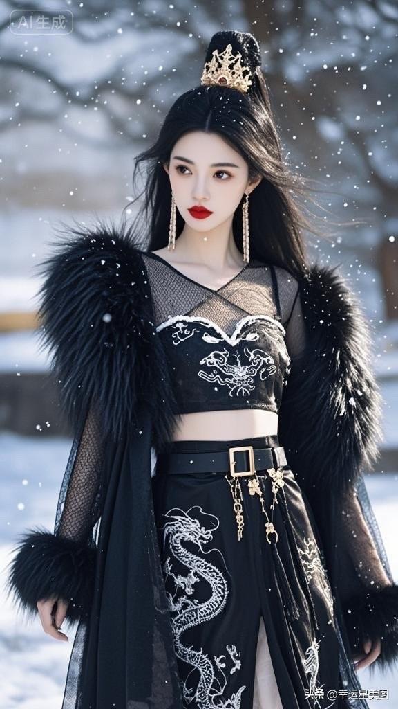 一位古装美人坐在雪地里，背景有石龙。