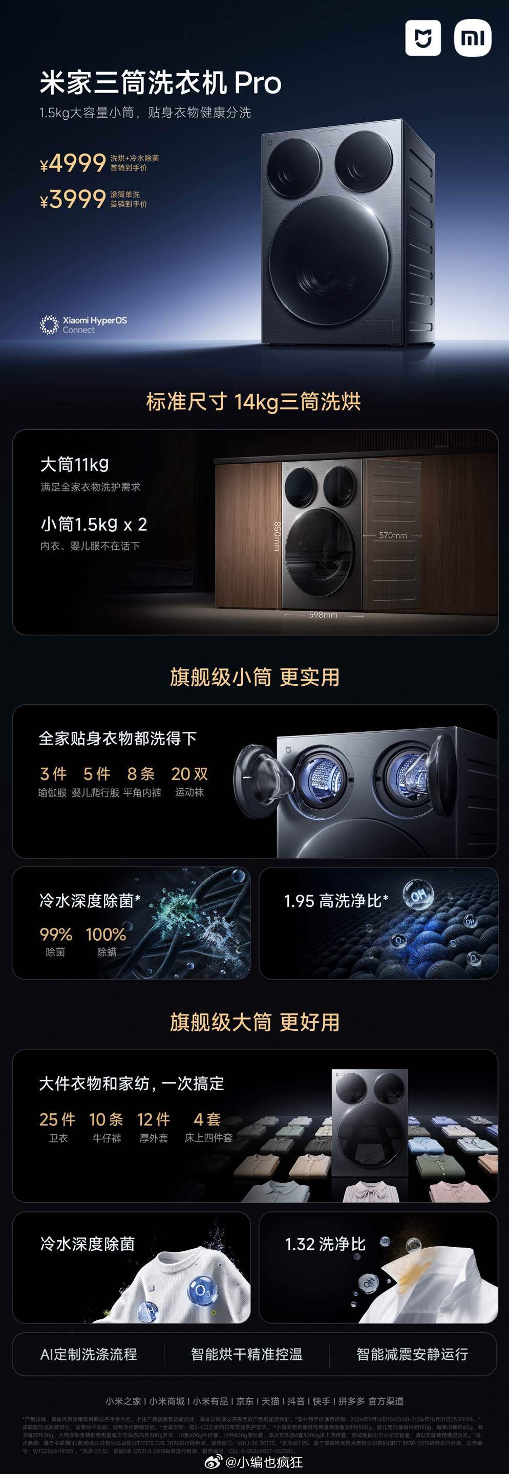 米家三筒洗衣机 健康洗Pro 14kg系列，新上市！米家洗衣机Pro小米三筒洗衣