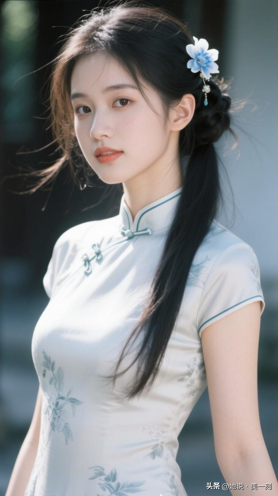 优雅旗袍少女，蓝花点缀，古典韵味十足！一眼沦陷的神级美图