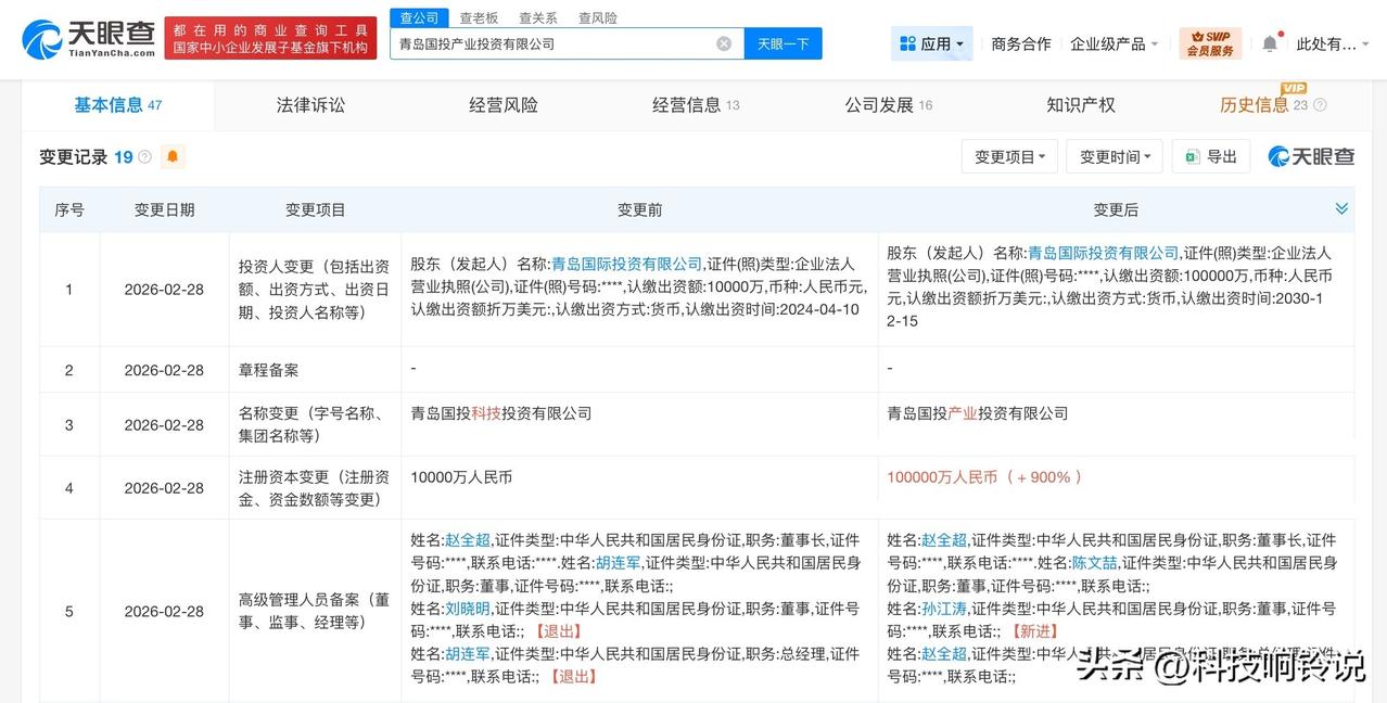 【青岛国投产业投资公司增资至10亿 增幅900%】
天眼查工商信息显示，近日，青