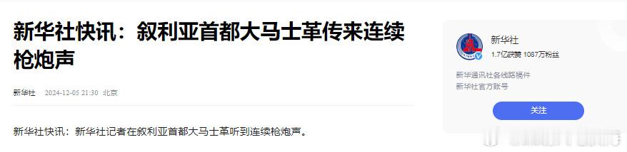 叙利亚首都大马士革传来连续枪炮声  新华社快讯：新华社记者在叙利亚首都大马士革听